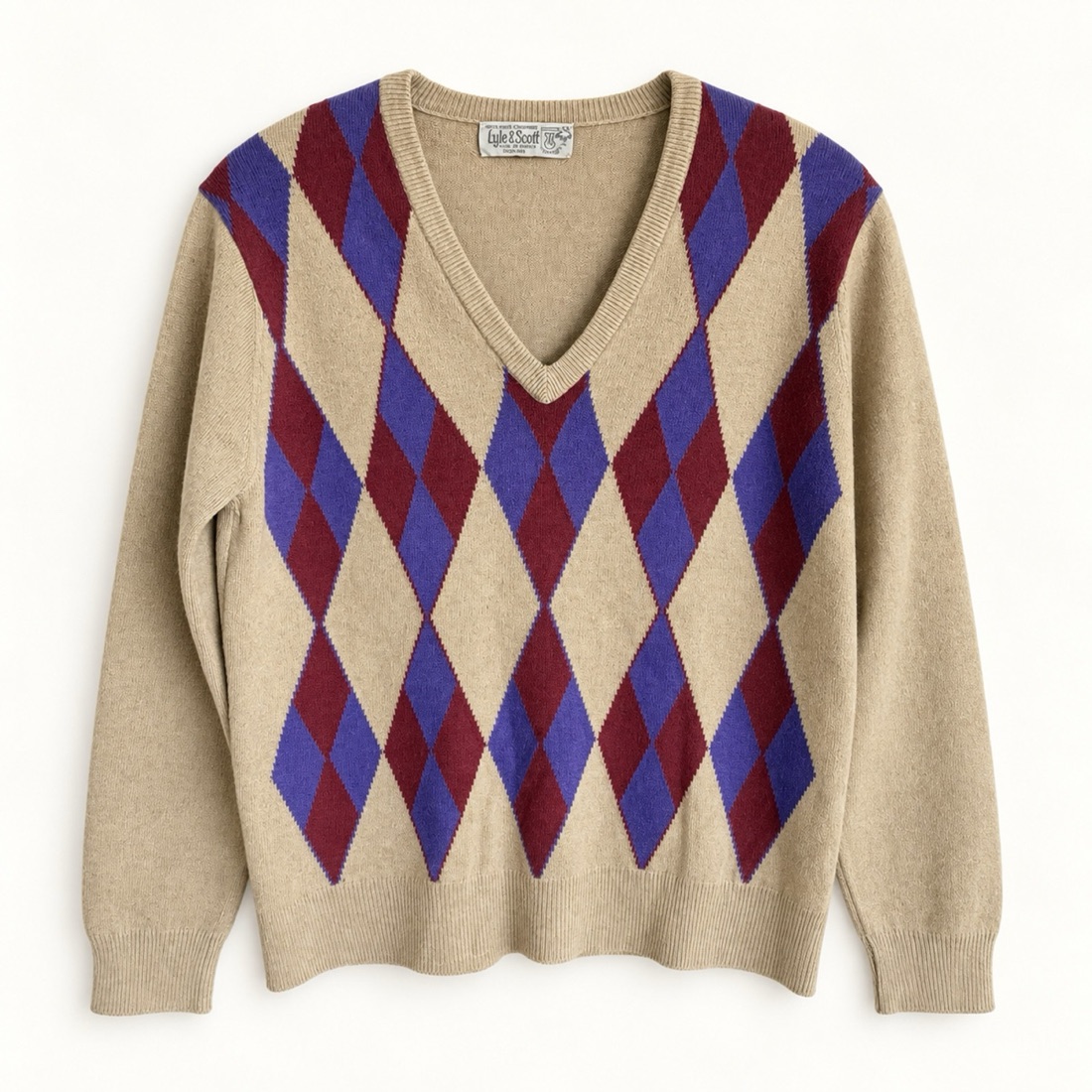Lyle & Scott Camel argyle wool V-neck sweater